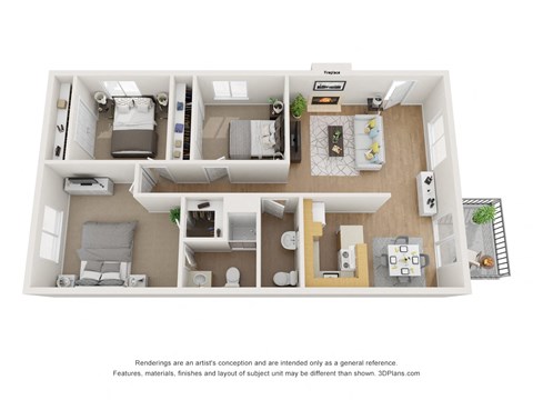 Floor plan for 3 beds, 2 baths, 1137 sqft